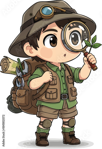 Cute Chibi Explorer with Magnifying Glass and Map: Cartoon Adventurer Character for Outdoor Research, Games, and Education. Vector Mascot.