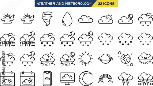 Weather and Clouds Icon collection containing 16 editable stroke icons. Perfect for logos, stats and infographics. Edit the thickness of the line in any vector capable app