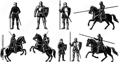 Black Silhouette Vector Set of Medieval Knights in Full Armor with Swords and Shields, Mounted Cavalry and Foot Soldiers, Historical Army Warfare, Black and White Graphic.