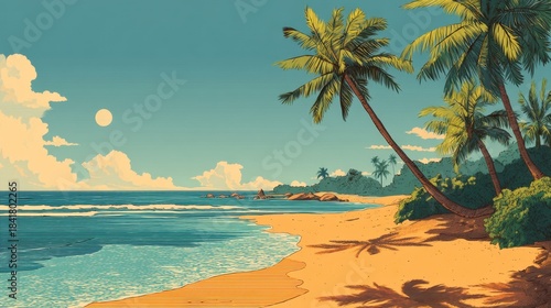 A bright day at a tropical beach features palm trees swaying in the wind. Gentle waves roll onto the sandy shore. The sun hangs in the sky creating a warm scene.