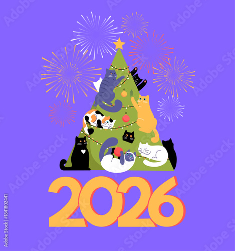 Funny cute cats play New year 2026 card illustration