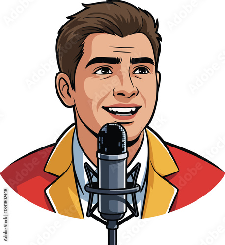 Man speaking passionately into microphone during podcast or interview session vector illustration graphic