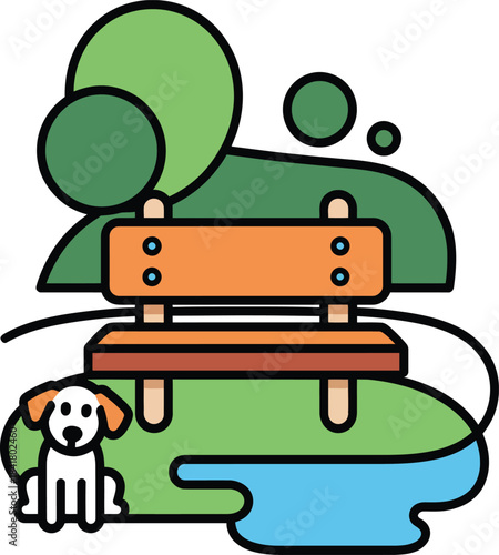 Small white dog sitting near park bench and pond simple rounded geometric vector illustration