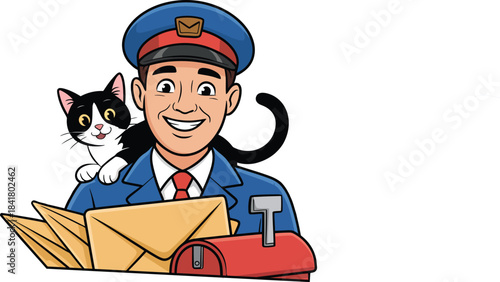 Smiling postman with cat companion delivers mail near classic red mailbox illustration vector graphic