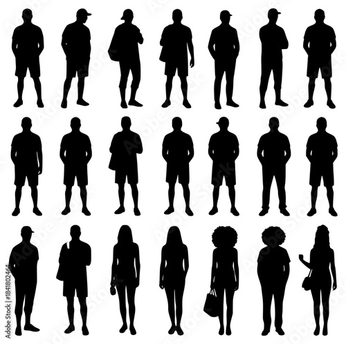 Vector silhouettes men and women, illustration. Silhouettes of young people posing in casual clothes. Transparent SVG version.