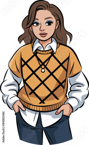 Stylish young woman cartoon vector illustration in trendy argyle sweater and white shirt outfit