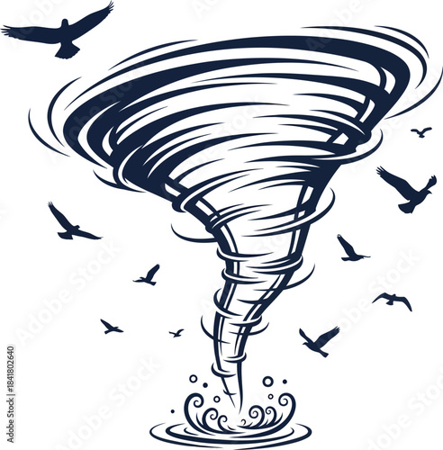 Tornado whirlwind storm vortex illustration with birds