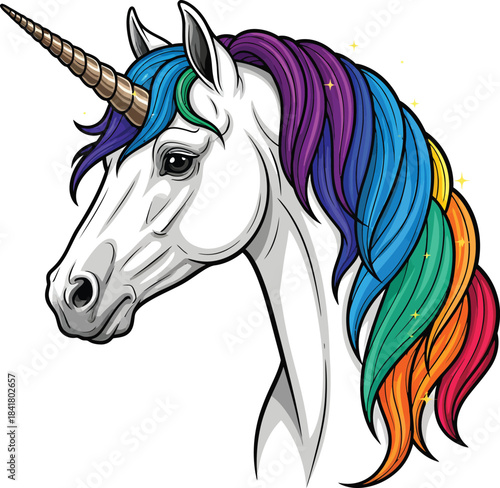 Unicorn head rainbow mane fantasy horse illustration