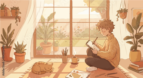 A young person sits on a rug by a large window, sketching in a notebook with art supplies nearby, surrounded by potted plants and a sleeping cat, enjoying a peaceful, sunlit indoor scene.