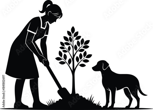 Silhouette illustration of a woman planting a small tree, accompanied by her loyal dog in the garden