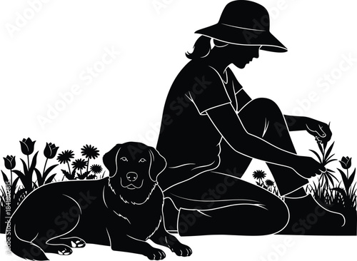 Silhouette illustration of a woman tending to flowers with her pet dog resting nearby
