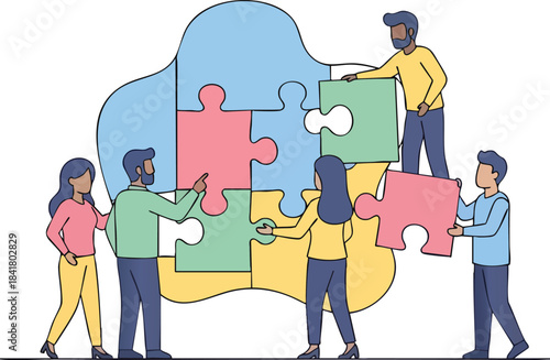 A diverse team successfully assembling a large puzzle, symbolizing collaborative problem-solving and unity