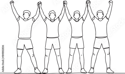 Continuous line art illustration of teammates cheering together in minimal contour drawing