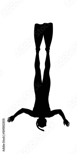 Black silhouette of a person diving headfirst with snorkel and fins.