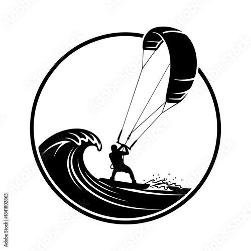 Dynamic silhouette of a kitesurfer riding a powerful ocean wave.