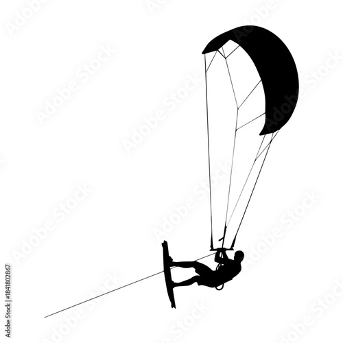 Dynamic Silhouette of Kitesurfer Gliding Across Water Surface.