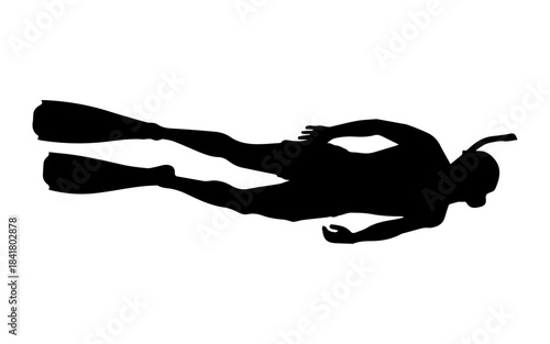 Silhouette of a diver swimming underwater with snorkel and fins.