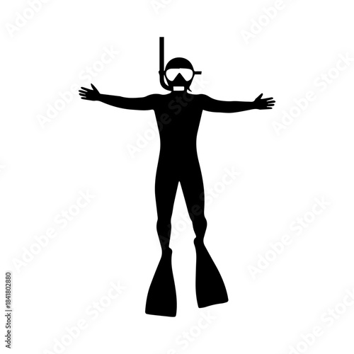 Silhouette of a diver with arms outstretched wearing a mask and fins.