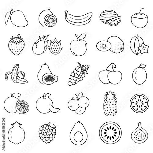 Collection of fruits icon set.Apple,banana,orange lemon,grape,pineapple,strawberry,grape,cherry, silhouette vector illustration