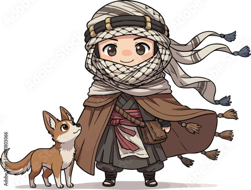Cute Chibi Desert Nomad Character with Dog: Cartoon Traveler Boy Wearing Keffiyeh Scarf. Vector Mascot for Adventure Games and Comics.