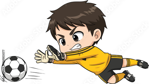 Energetic anime style illustration of a determined young male soccer goalkeeper in a yellow jersey diving to save a football during a game with intense focus and athletic action