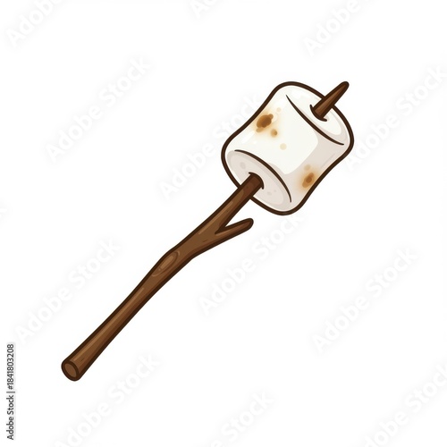Toasted White Marshmallow Skewer On Brown Stick Against White Background Perfect For Campfire