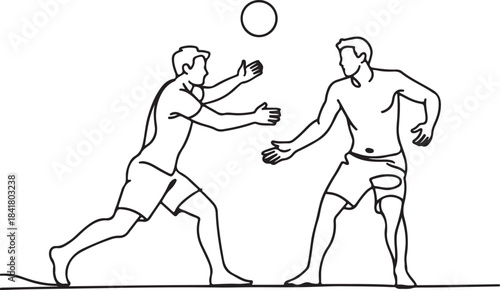Continuous line art illustration of two beach players exchanging a pass in minimal contour drawing