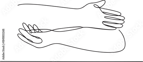Continuous line art illustration of two hands making a forearm platform in minimal contour drawing