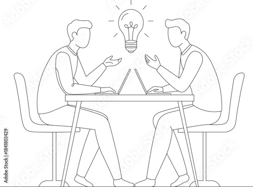 Minimalist line art illustration of two coworkers discussing a new idea at a desk
