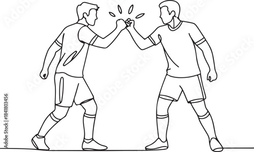 Continuous line art illustration of two players bumping fists before a game in minimal contour drawing
