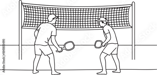 Continuous line art illustration of two players facing at a beach net in minimal contour drawing
