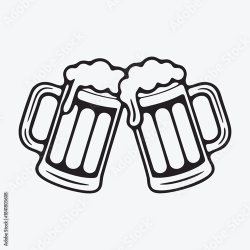 Classic blackandwhite vector illustration of two frothy beer mugs clinking together in celebration icon