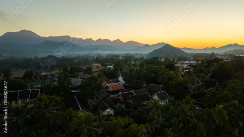 Drone aerial view of Luang Prabang an UNESCO World Heritage city in Laos.