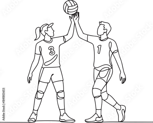 Continuous line art illustration of two volleyball players high fiving in minimal contour drawing