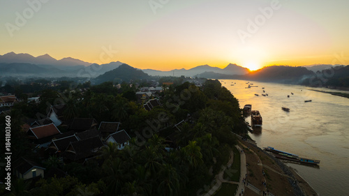 Drone aerial view of Luang Prabang an UNESCO World Heritage city in Laos.