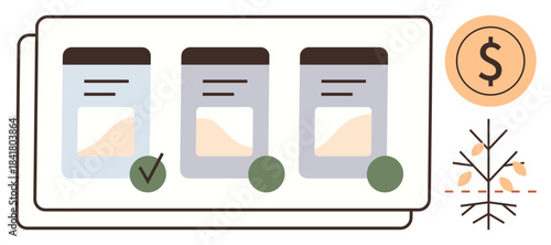 Three product cards with selection indicators, cost represented by a dollar sign, and a tree with growing branches. Ideal for decision-making, product evaluation, cost efficiency, growth, selection