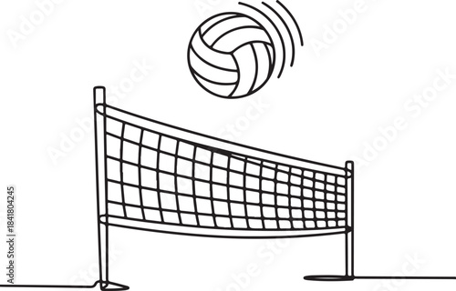 Continuous line art illustration of a volleyball bouncing off the net in minimal contour drawing