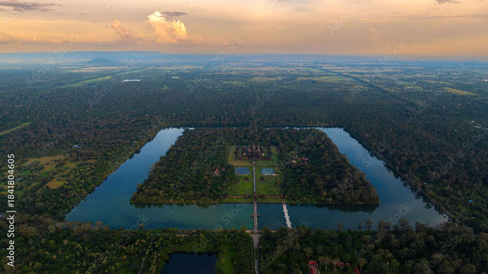 Naklejka premium Aerial view of Ancient Khmer architecture. Panorama view of Angkor Wat temple at sunset. Siem Reap, Cambodia