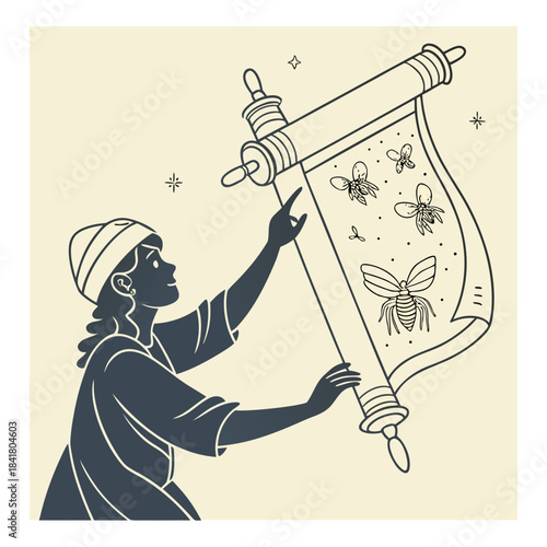 Person holding a scroll with drawings of insects in a workspace setting during daylight hours