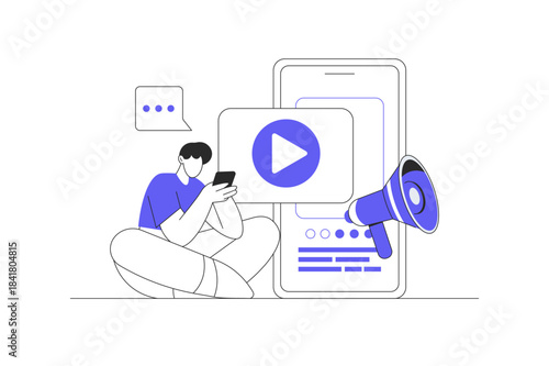 Online lecture, internet course watch on phone, digital. Remote education, play button on screen of smartphone, music player. Flat Cartoon Vector Illustration, icon Stylish abstract design landing web