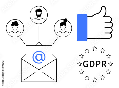 GDPR compliance. GDPR illustrated with email, user consent symbols, and data protection graphics. GDPR ensuring protected communication and secure information sharing. For tech, business, and legal