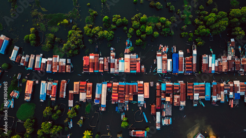 Kampong Phluk floating village with stilt houses on Tonle Sap lake in Cambodia.