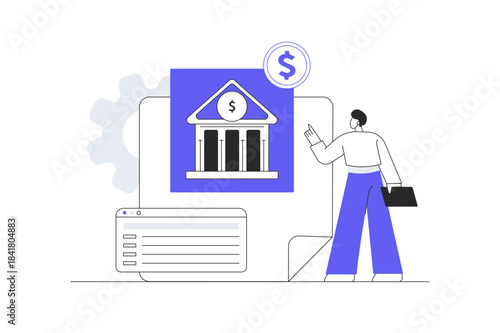 Money saving and bank investing. Man Character managing investment portfolio, planning invest strategy. Financial management. Flat Cartoon Vector Illustration, icon Stylish abstract design landing web