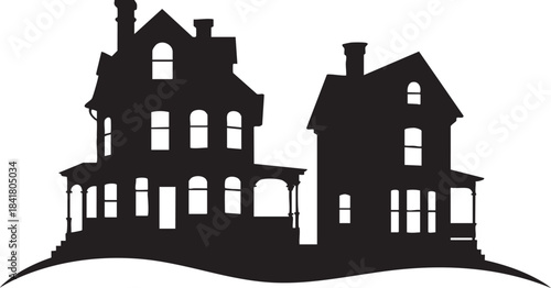 Silhouette of two houses on a hill landscape