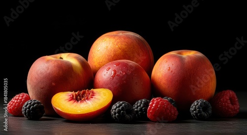 Close-up of ripe, juicy summer peaches and berries glistening under warm golden light, evoking intense seasonal nostalgia and sweet sentimentality ,nostalgic ,sunny ,ripe