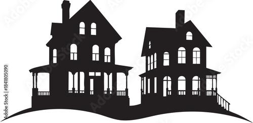 Silhouette of Two Victorian Houses on Hillside