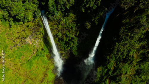 Zipline flights. Tad Fane waterfall in rainforest at Pakse and Champasak city Laos. Tour tourism and travel in Asia.