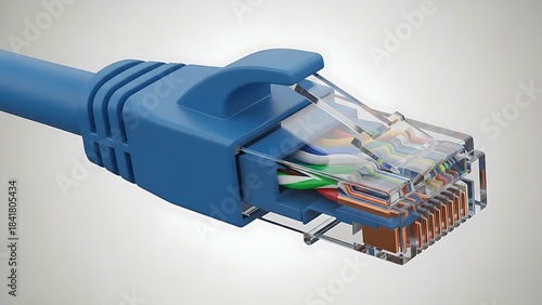 Close-up view of a blue Ethernet cable connector showing internal wires and contacts