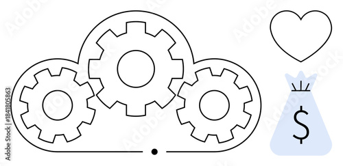Cloud computing with interconnected gears, money bag, and heart symbol. Ideal for cloud technology, financial systems, innovation, business strategy, data processing, digital services