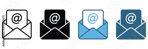 Email envelope with symbol document icon set, featuring outline and solid styles in black and blue , isolated on white background, ideal for digital communication, messaging apps, email 